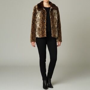 Charles Gray London Faux Fur‎ Leopard Print Jacket Brown Collar XL